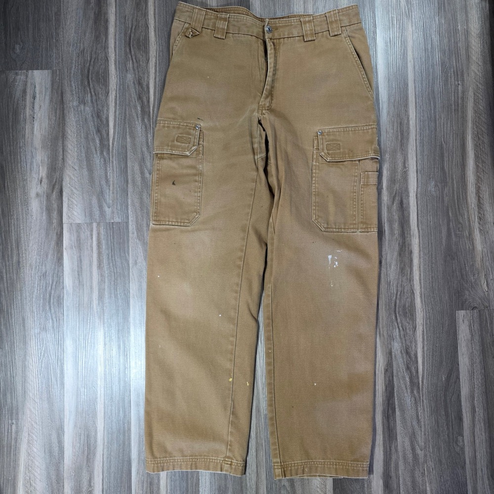 Duluth Trading Co Mens Khaki Fire Hose Cargo Work Pants 36x34 Distressed Cotton